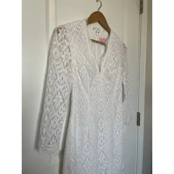 NWT Lilly Pulitzer Meryl 3/4 Sleeve V Neck Resort White Diamond Lace Dress 00 - Picture 5 of 7